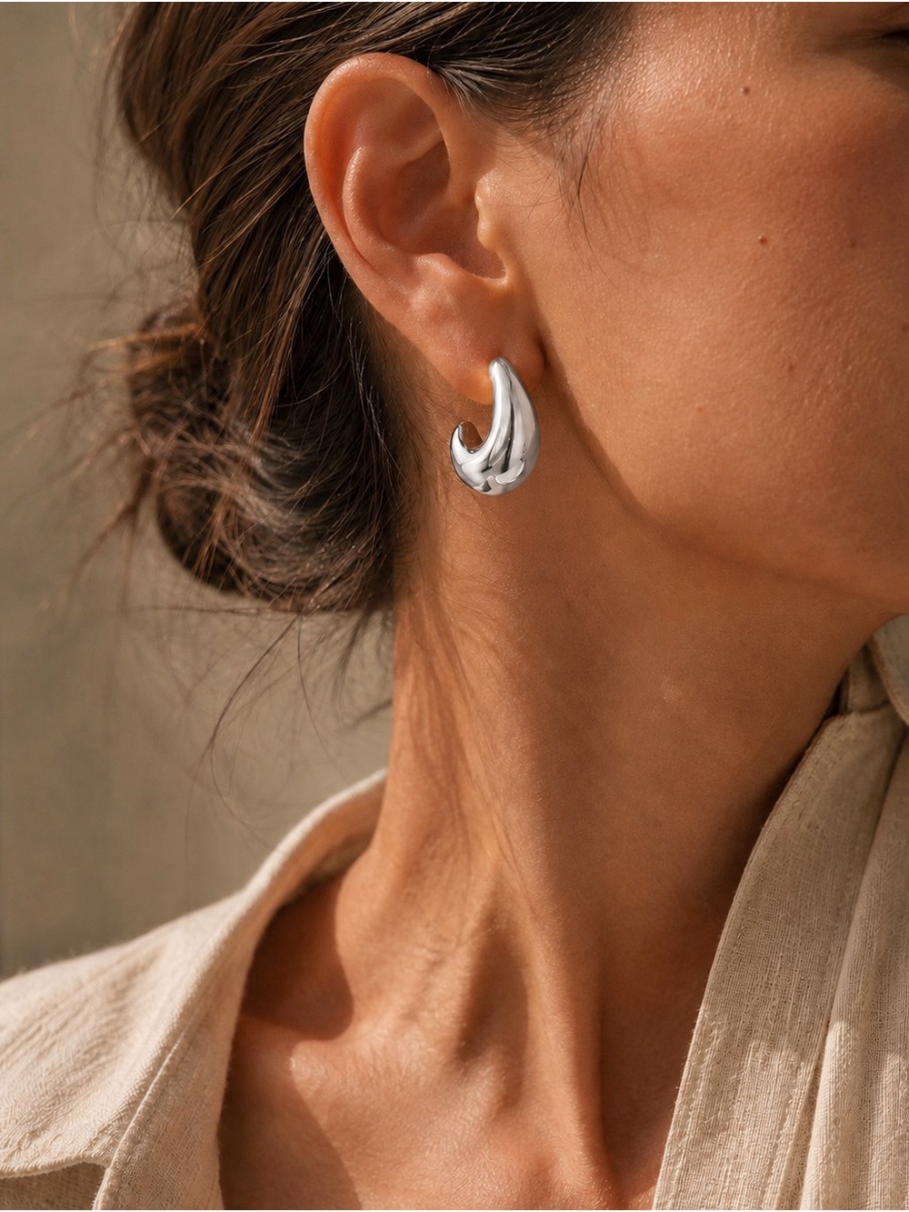 Silver Tone Sculptural Teardrop Stud Earrings